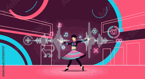 A dancer's digital performance with music and neon elements blending art technology and culture