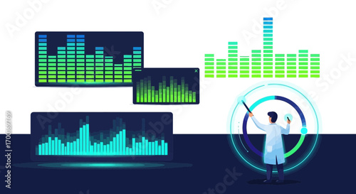 Futuristic scientific data analysis visualization with a man in a lab coat managing virtual controls