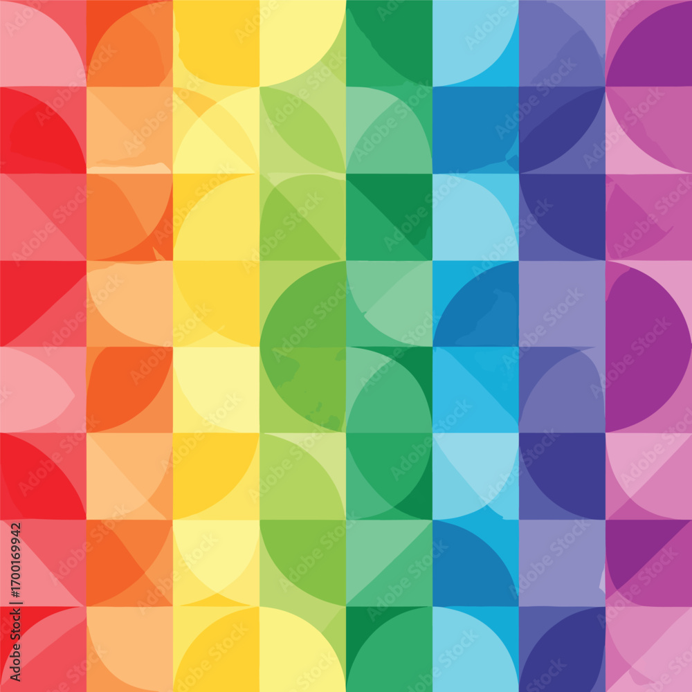 Obraz premium Colorful rainbow spectrum geometric pattern with overlapping shapes and gradients, seamless pattern, Stock royalty image.
