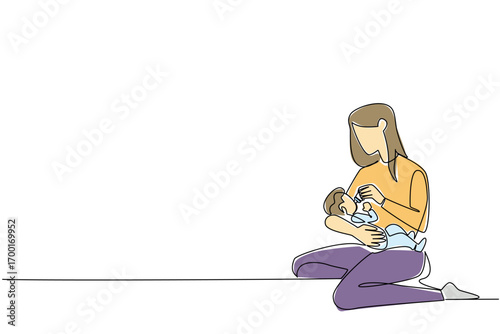 Continuous line drawing artwork of a mother sitting on the floor and bottle feeding her infant, symbolizing Infant Feeding Day within a health concept of nurturing care, growth, and parental love.