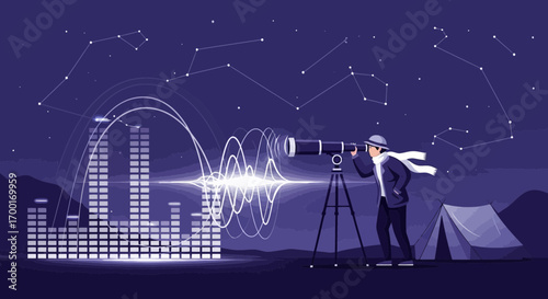 Illustration of an astronomer using a telescope to explore outer space at night time