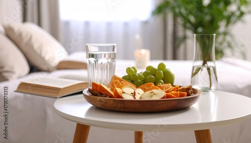 Cozy morning scene with fruit bowl, water glass, book, and candle on a white table