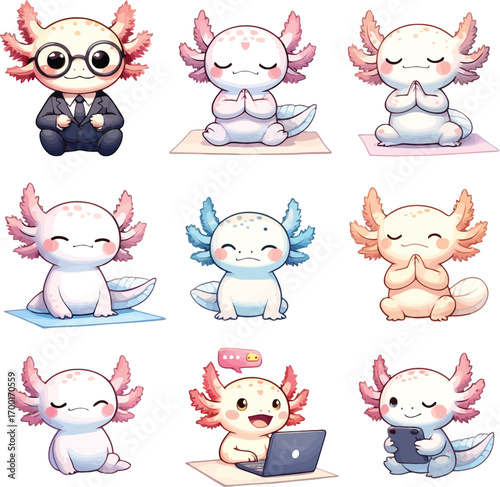 Cute axolotl characters poses and activities collection