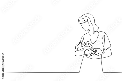 A continuous line drawing of a mother holding her infant while feeding with a bottle, honoring Infant Feeding Day, representing motherhood, parental love, and family health concept.