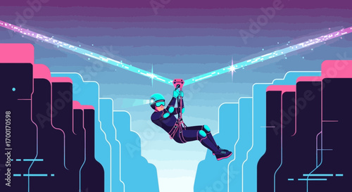 Futuristic zip line adventure through neon canyons a dynamic stylized illustration