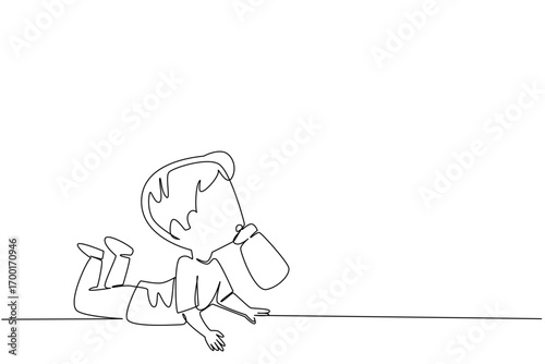 Single line drawing of a baby boy lying on the floor on his stomach while drinking milk from a bottle, symbolizing childhood care and family love in a parenting concept. Feeding toddler.