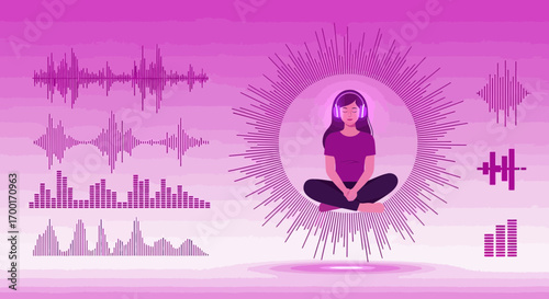 Harmonious Meditation with Sound Waves A vector illustration of a woman in meditation with sound