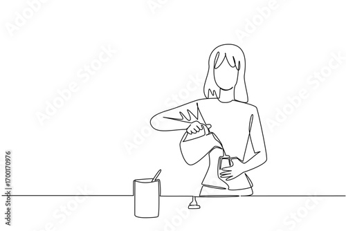 A single line drawing of a woman preparing baby formula powder milk by pouring water into a bottle, symbolizing maternal care, love, and responsibility in a health concept for Infant Feeding Day.