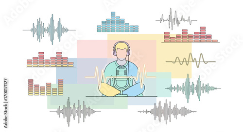Abstract depiction of podcasting or audio engineering with sound waves and editor