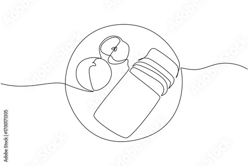 A creative single line draw illustration of apples and a jar of applesauce on a plate, celebrating National Applesauce Cake Day with a food concept design symbolizing tradition, flavor, and simplicity