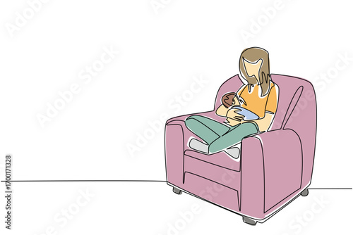Continuous line drawing of a mother breastfeeding her baby on a chair, symbolizing Infant Feeding Day in a health concept that emphasizes maternal care, bonding, nurture, and childhood wellness.