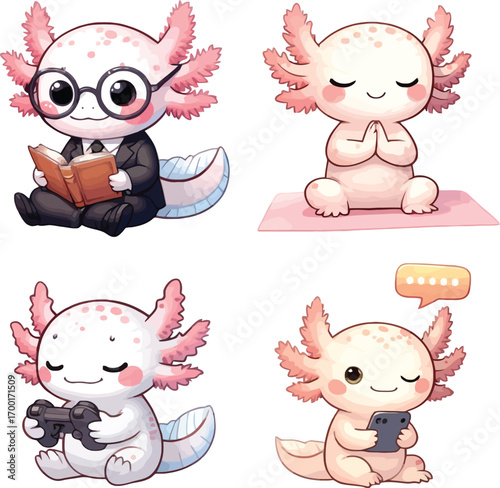 Cute axolotl characters in four adorable poses