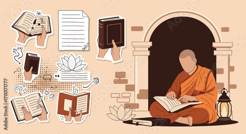Illustration showcasing a monk reading with books and lotus flowers in a serene temple setting
