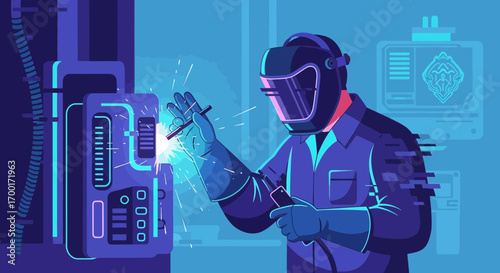 Illustration showcasing a welder in action with protective gear and equipment sparks flying around