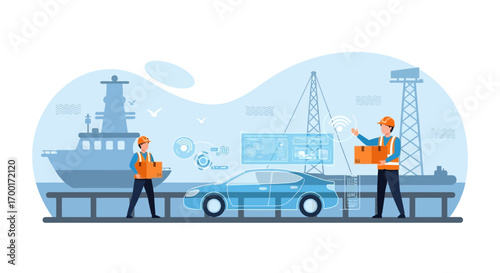 Illustration showcasing future transportation and logistics using advanced technologies