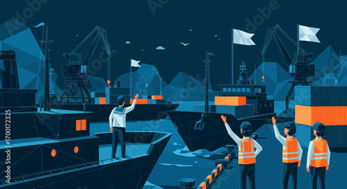 Illustration of shipping port activity with sailors and workers waving at ships and containers