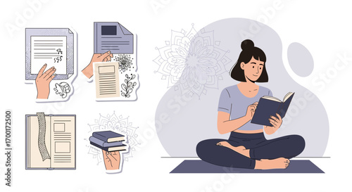 Illustration showcasing relaxation and learning through reading and mindful meditation practices