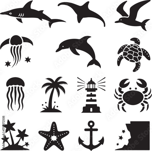Ocean and Beach Life Icons Silhouette Collection Keywords: shark, dolphin, seagull, bird, jellyfish