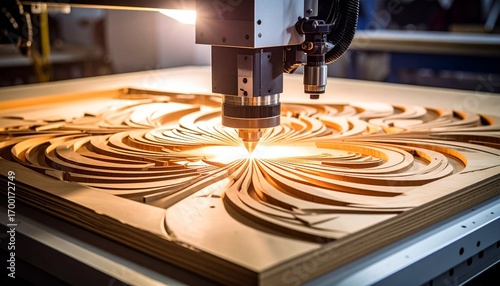 Laser-cut wood design table; CNC machine hum, plywood scraps, precise lines, workshop glow, maker energy.