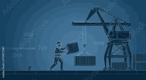 Blue blueprint illustration of shipping container worker at shipping port loading cargo crane