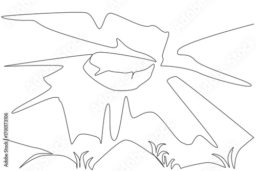 A single line drawing of sharp karst peaks with rocky slopes and abstract outlines, created for nature concept illustration to celebrate National Caves and Karst Day in a modern vector style.
