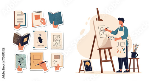 Illustrations of an artist at work creating a portrait and hand-drawn books and papers