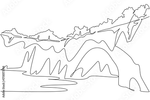 A continuous line drawing of a karst bridge formation with rocks, river, and trees, created as a nature concept to illustrate National Caves and Karst Day in an elegant abstract style.