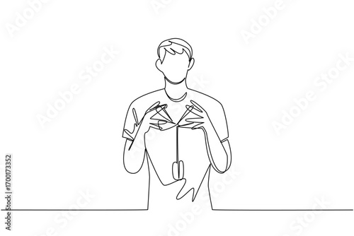 A one line drawing of a young man performing a complex yo-yo double triangle trick, reflecting precision and artistry. This conceptual artwork celebrates National Yo Yo Day performance.