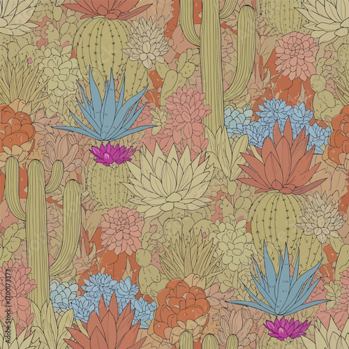 Desert garden seamless pattern featuring various cacti and succulent plants, seamless pattern, royalty stock.