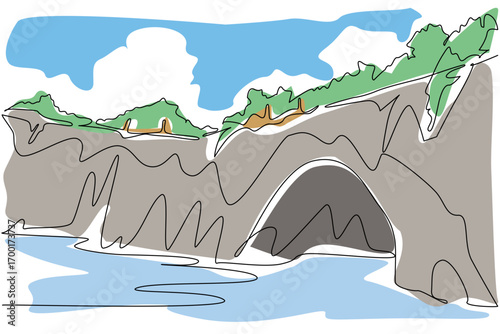 A continuous line drawing depicting a coastal cave arch with blue waters, rocky cliffs, and greenery, symbolizing nature concept and the National Caves and Karst Day international event.