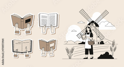 Illustrative composition blending reading theme with rustic countryside imagery depiction