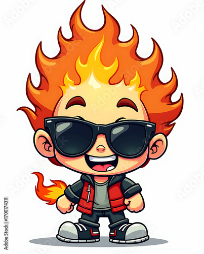 Cool cartoon character with fiery hair and sunglasses standing confidently with a playful expression