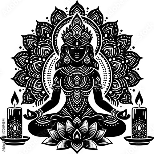 Inner Peace: A spiritual illustration of a meditating figure, symbolizing inner tranquility and enlightenment, surrounded by intricate mandala patterns and glowing candles.