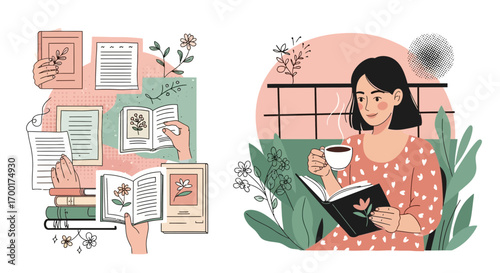 Illustrative depiction of reading habits with collage of books and a woman enjoying coffee and