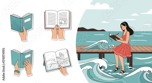 Illustrative depiction of reading, writing, and creative pursuits near the ocean water view