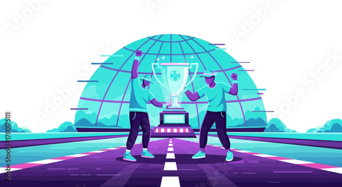 Illustrative depiction of two triumphant athletes celebrating a championship win, adorned with a