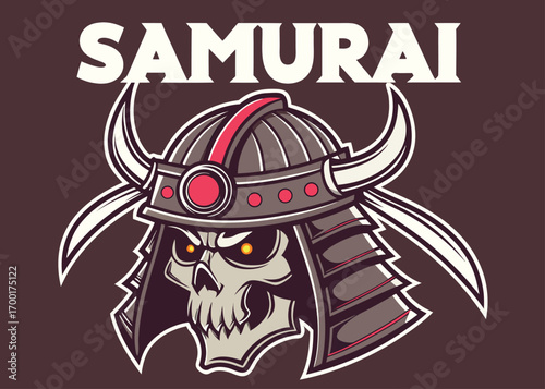 Fierce skull wearing samurai helmet with glowing eyes and swords warrior japan