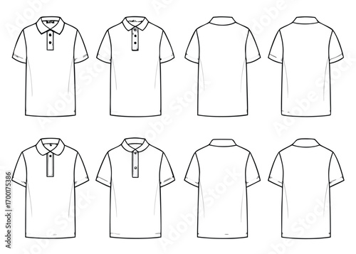 Front and Back Views of Two Different Styles of White Polo Shirts with Collars and Button Plackets t-shirt