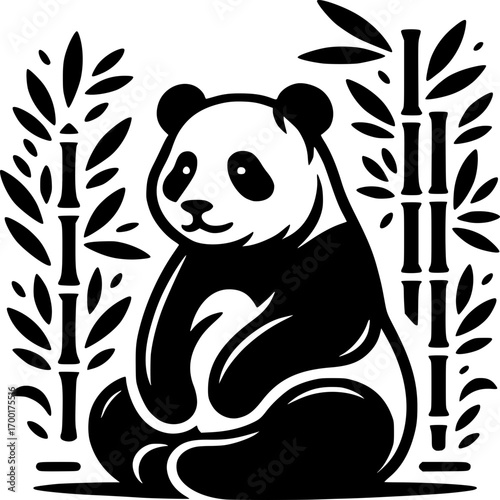 Panda in Bamboo Forest: A serene panda sits calmly in a bamboo forest, offering a glimpse of tranquility and natural beauty, captured in a vector illustration.