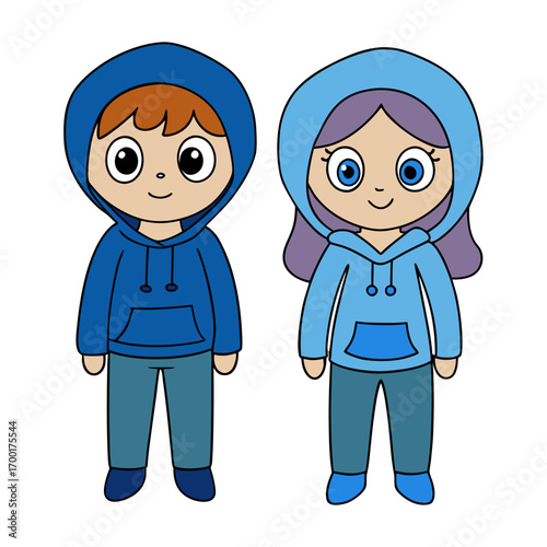 Cute cartoon boy and girl friends wearing matching blue hoodies. Adorable couple of kids character illustration isolated on white