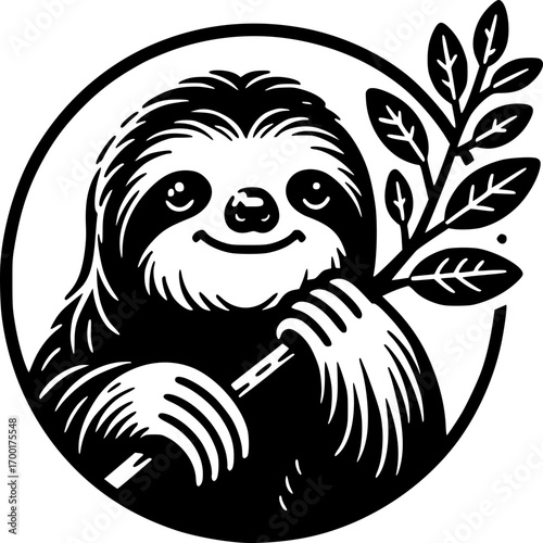 Smiling Sloth with Foliage: An adorable monochrome image featuring a friendly sloth, clutching a leafy branch within a circular frame. A perfect emblem of peace and harmony.