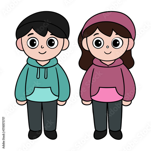Cute cartoon illustration of a young boy and girl couple wearing matching hoodies, standing together on a white background