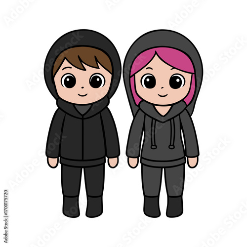 Cute cartoon couple wearing black hoodies, illustration of young friends or a couple in casual attire