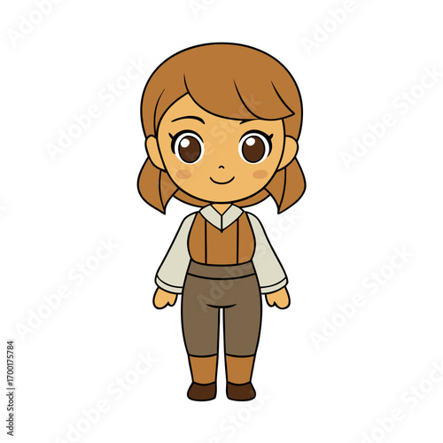 Adorable chibi character illustration of a young female adventurer or hero with brown hair, wearing a vest and boots, isolated on a white background