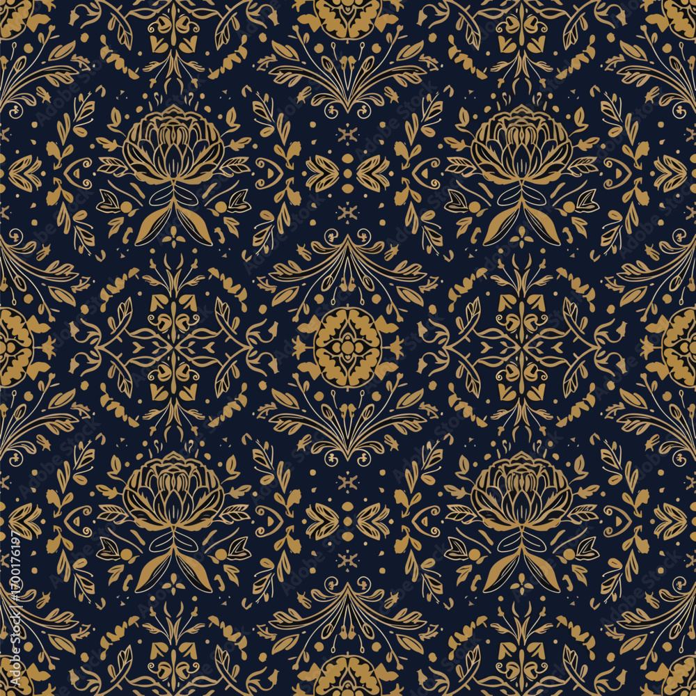 Elegant seamless pattern featuring floral elements on dark blue background, seamless pattern, Stock royalty.