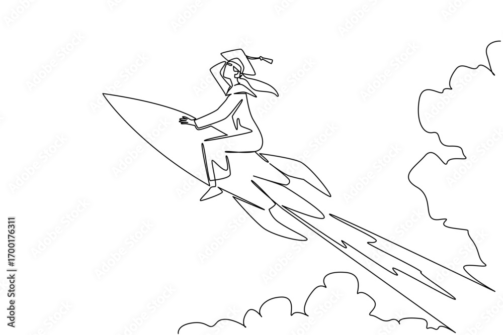 Fototapeta premium Single line drawing of a graduate woman in cap and gown riding a rocket through clouds, symbolizing National Higher Education Day with an inspiring education concept of ambition and success.