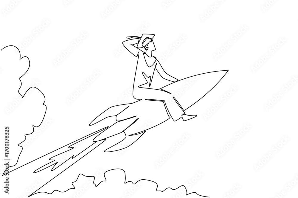 Φωτογραφία Continuous line drawing of a graduate man in cap and gown riding a rocket, honoring National Higher Education Day with an education concept of ambition, progress, and academic achievement