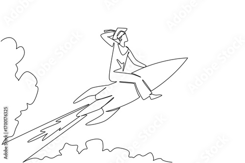 Continuous line drawing of a graduate man in cap and gown riding a rocket, honoring National Higher Education Day with an education concept of ambition, progress, and academic achievement.