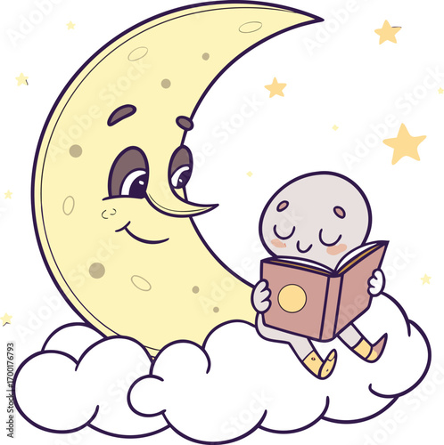 Cute cartoon moon character reading a book to a little star on a cloud, whimsical illustration