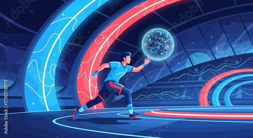 Man reaching for digital sphere in futuristic space conveys innovation concept